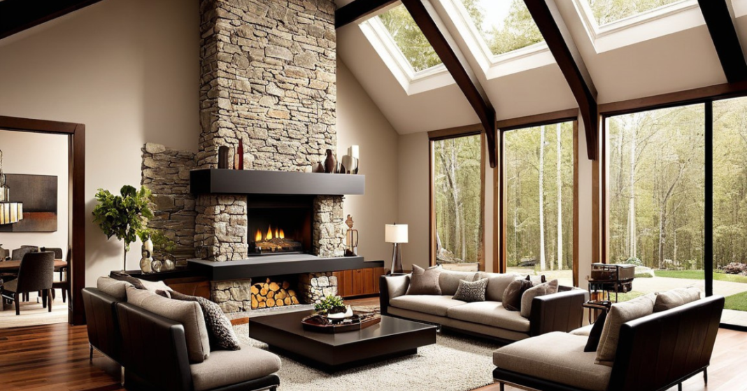 Living Room Ideas with Fireplace, Wood Flooring, and Vaulted Ceiling