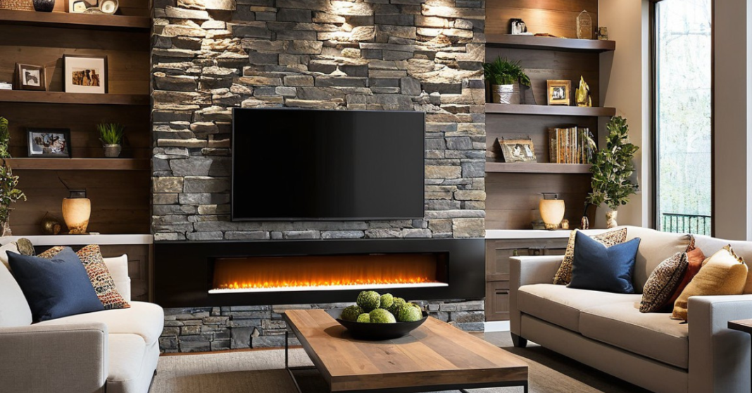 Living Room Ideas for a TV and Fireplace Wall with Stone